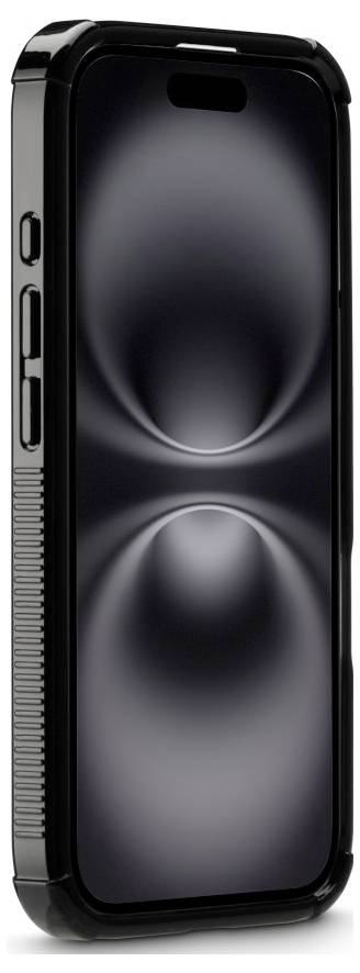 «Un smartphone noir avec une découpe pour double caméra à l'avant de l'écran, affichant un motif abstrait de deux cercles qui se chevauchent.»