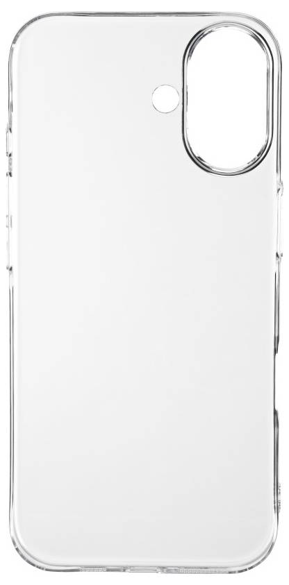 Étui de téléphone transparent avec découpes pour caméra et boutons.