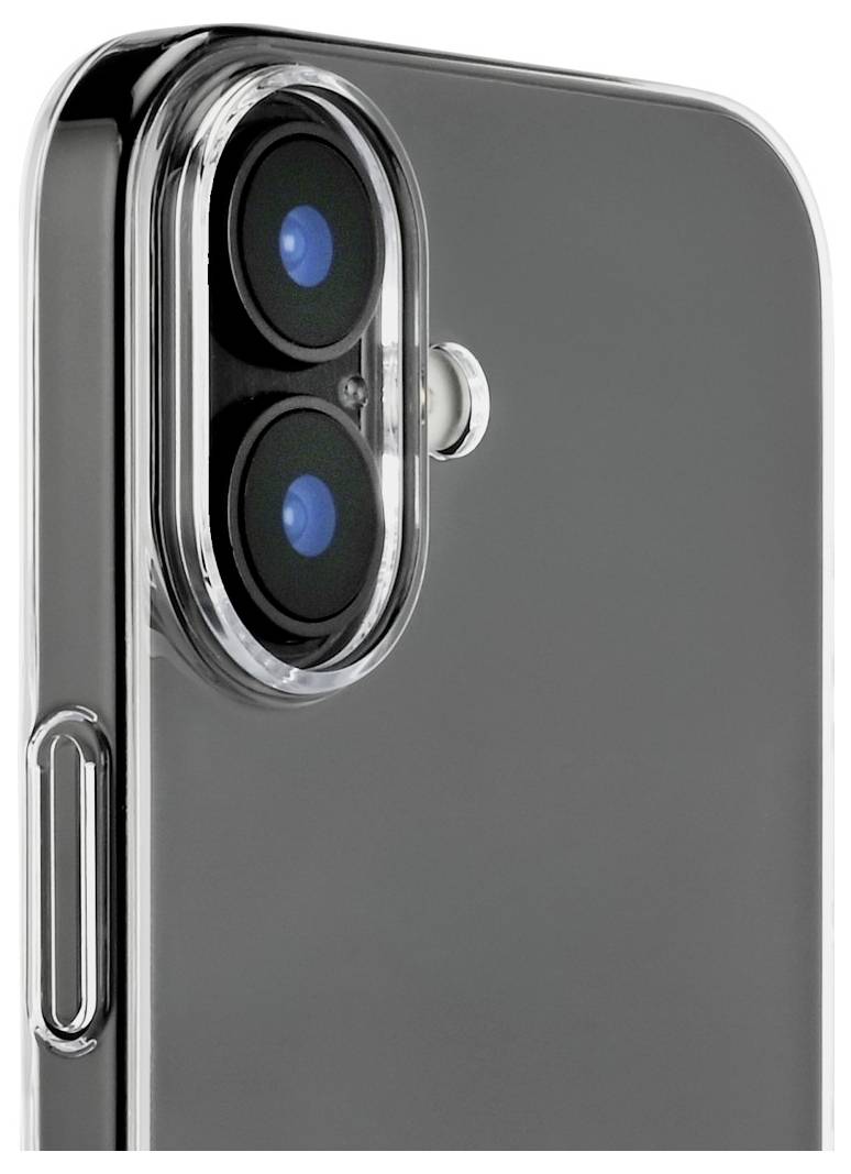 Un gros plan sur les deux caméras arrière d'un smartphone dans un étui transparent, révélant un bouton latéral métallique et un design noir et argent.