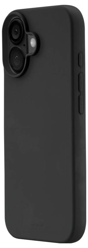 Un étui de smartphone noir mat montré de côté, avec des découpes pour deux caméras arrière et des boutons sur le bord droit.