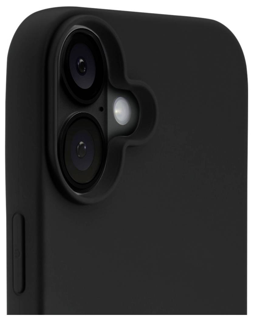 Un gros plan sur l'arrière d'un smartphone noir, montrant deux objectifs de caméra et un flash, mettant en valeur le design élégant de l'appareil.