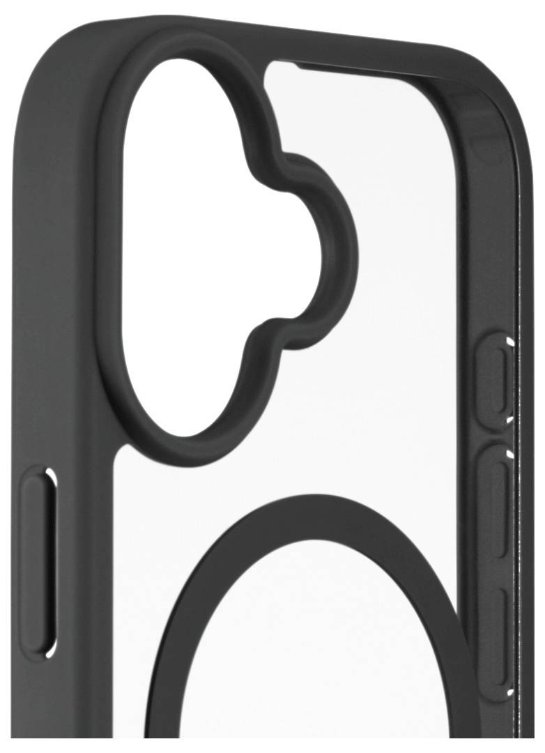 Un étui de téléphone noir avec une découpe d'objectif de caméra en forme de nuage ; les emplacements visibles des boutons latéraux suggèrent sa compatibilité avec un modèle de téléphone spécifique.