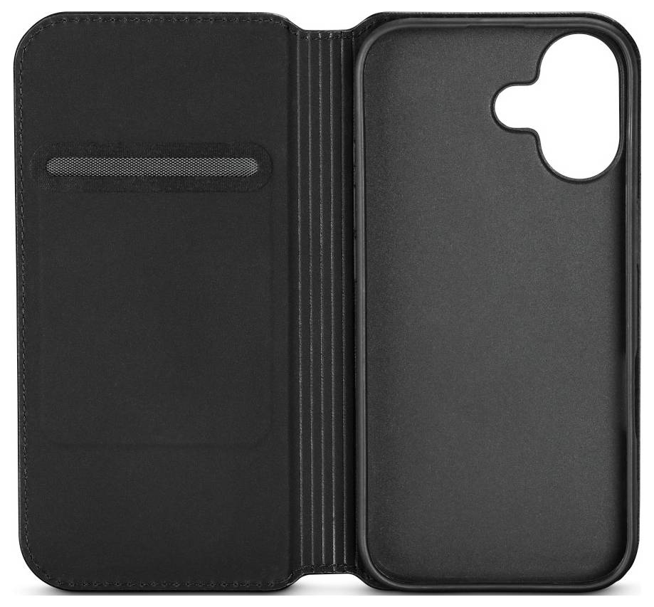 Étui noir ouvert, montrant un logement pour carte sur la gauche et un découpage pour l'appareil photo sur la droite, conçu pour protéger le smartphone.