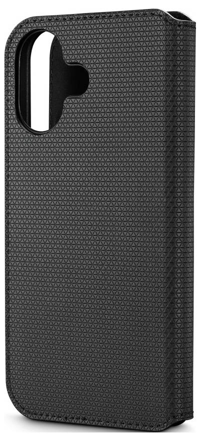 Un étui de téléphone noir texturé avec une découpe pour l'appareil photo, conçu pour une ouverture verticale à rabat.