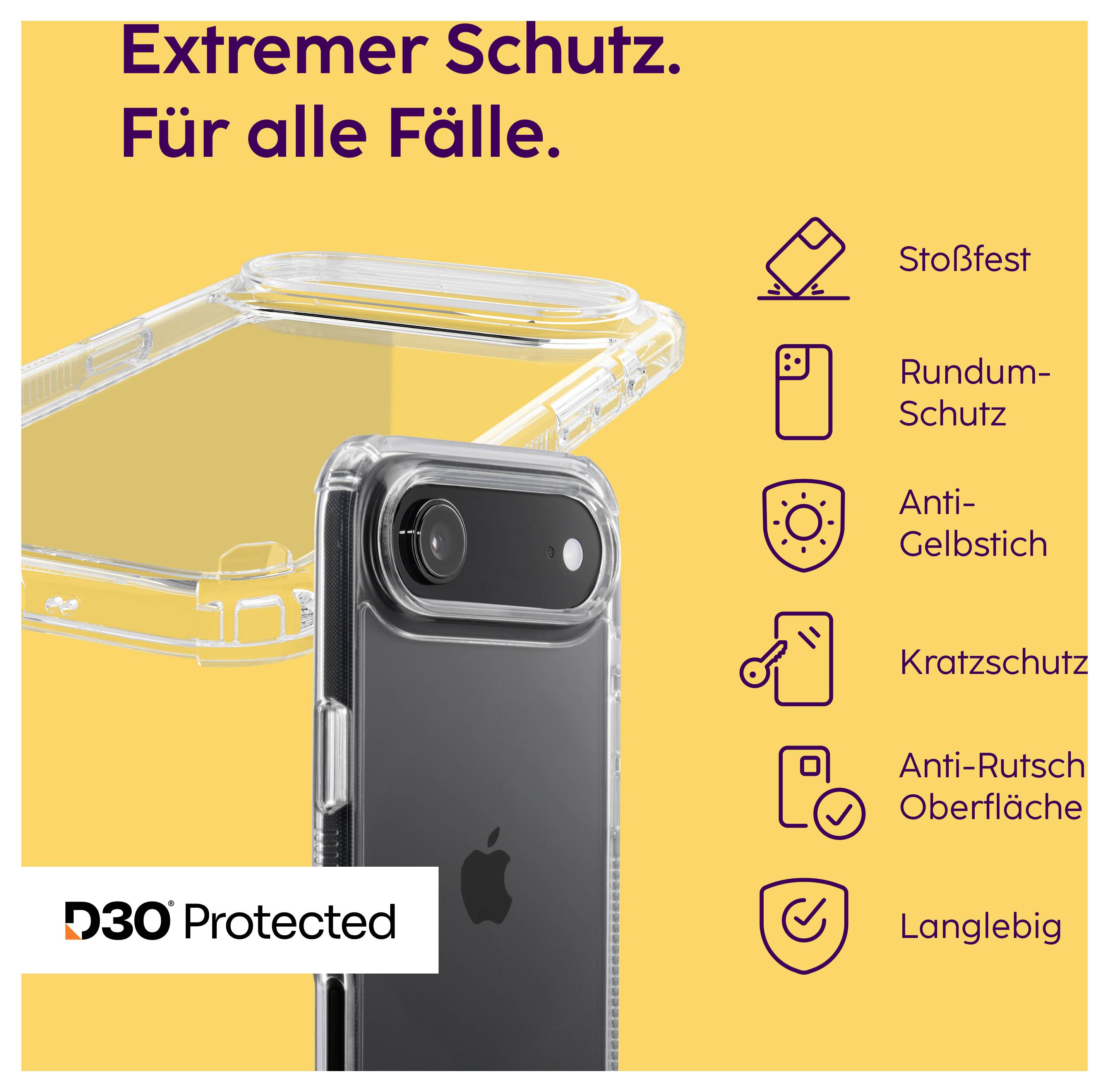 Annonce publicitaire pour une coque iPhone transparente avec le texte 'Protection extrême. Pour tous les cas.' et les caractéristiques telles que résistant aux chocs, protection complète, anti-jaunissement et résistant aux rayures.