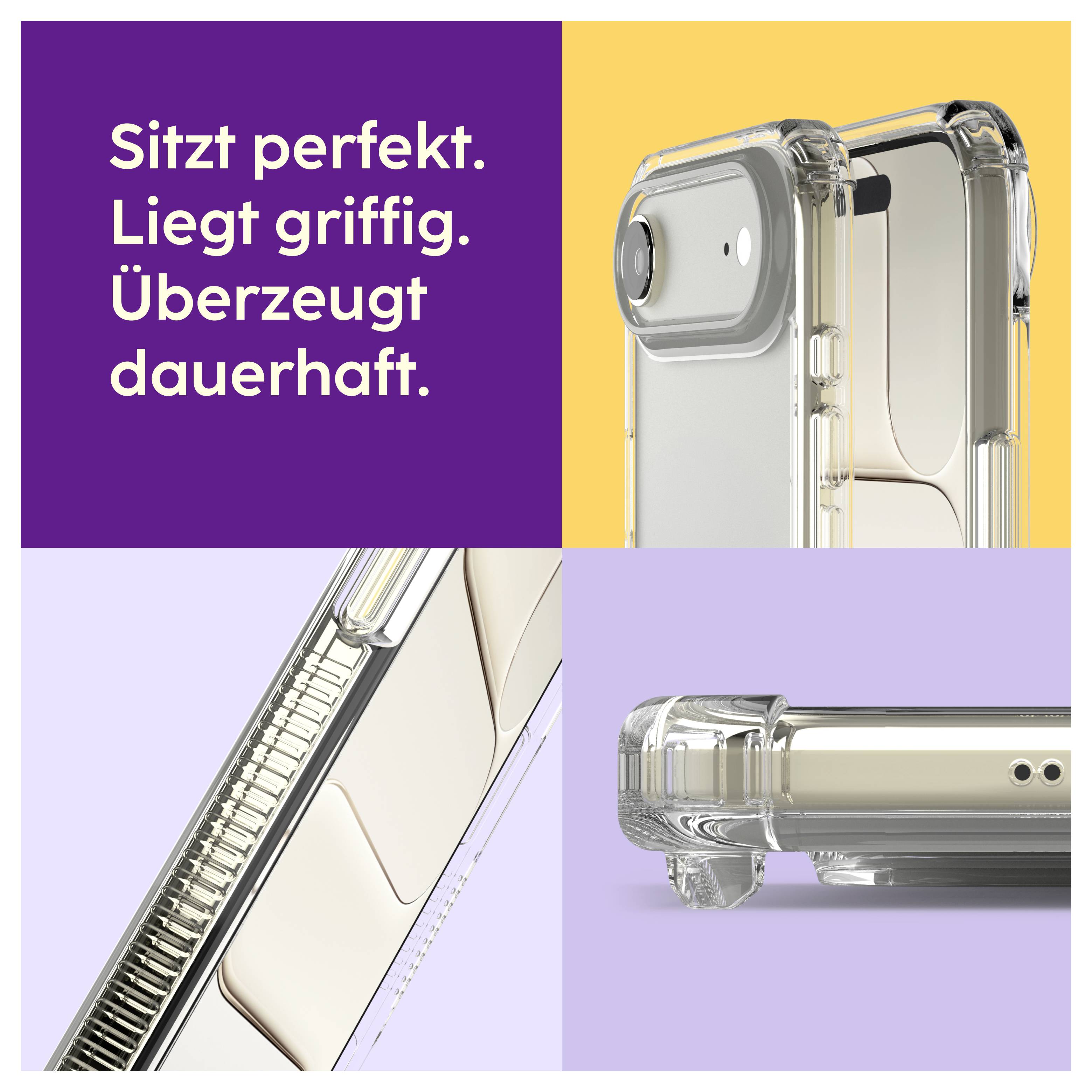 Graphique publicitaire pour une coque de smartphone transparente : montre l'ajustement parfait, le design ergonomique et la protection par plusieurs gros plans ; Texte : « S'adapte parfaitement. Prise en main agréable. Convaincante au quotidien. »