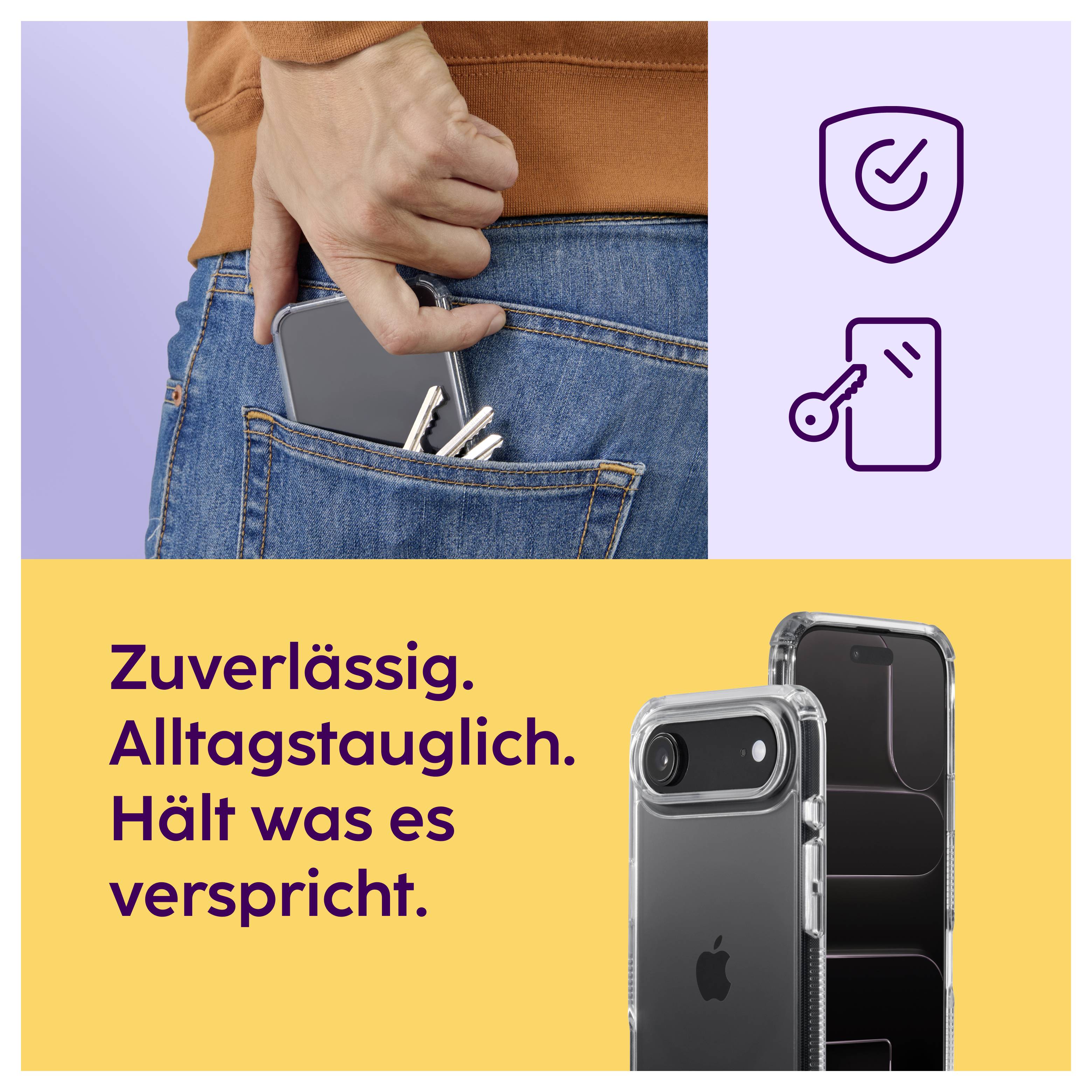 Illustration publicitaire pour un étui de smartphone : Une personne glisse le téléphone dans la poche arrière ; accompagné des déclarations « Fiable. Adapté au quotidien. Tient ses promesses. » et de symboles de sécurité.