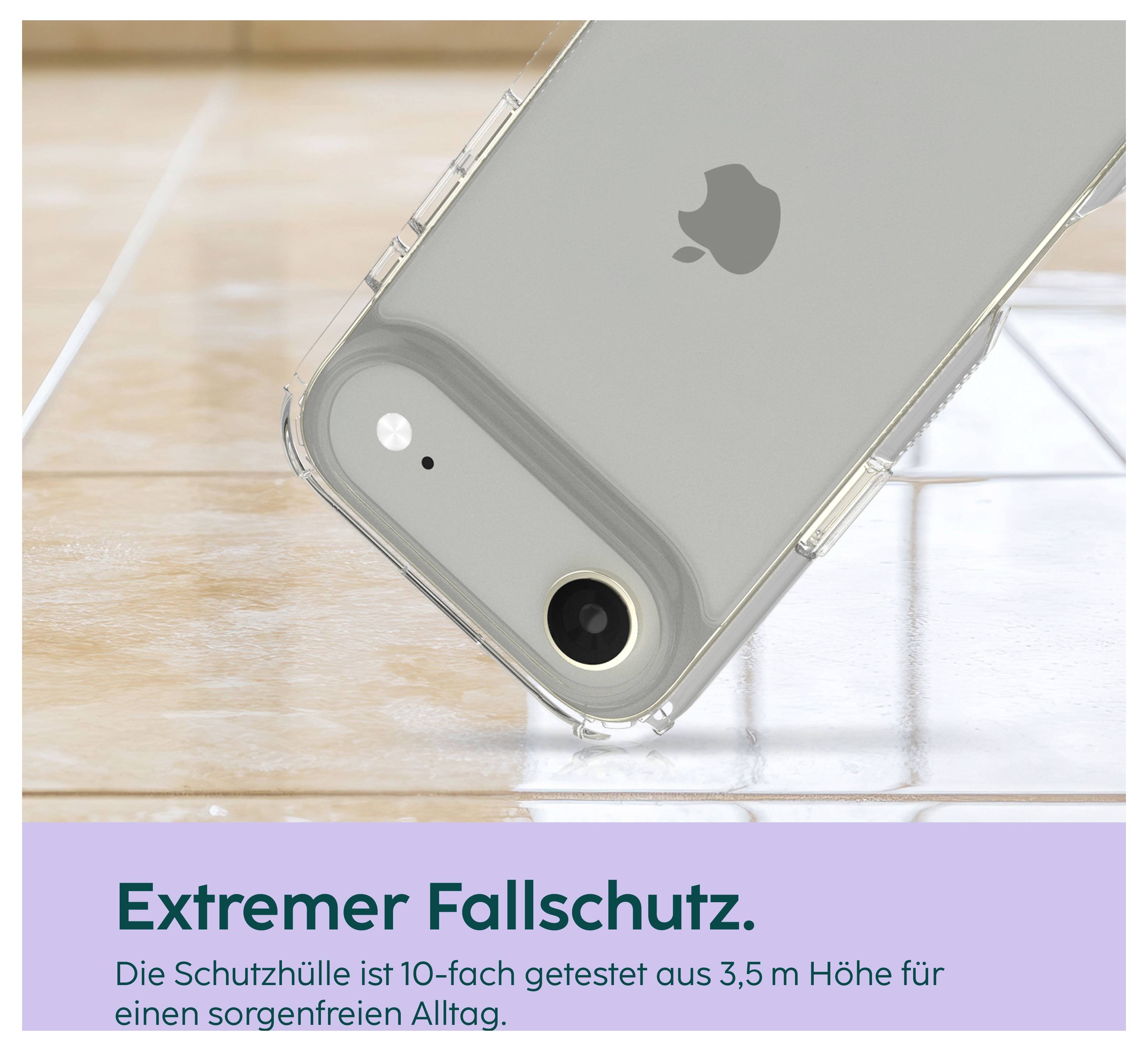 Gros plan d'un iPhone dans une coque de protection ; en dessous est écrit : « Protection contre les chutes extrêmes. La coque de protection a été testée 10 fois à partir d'une hauteur de 3,5 m pour un quotidien sans souci. »