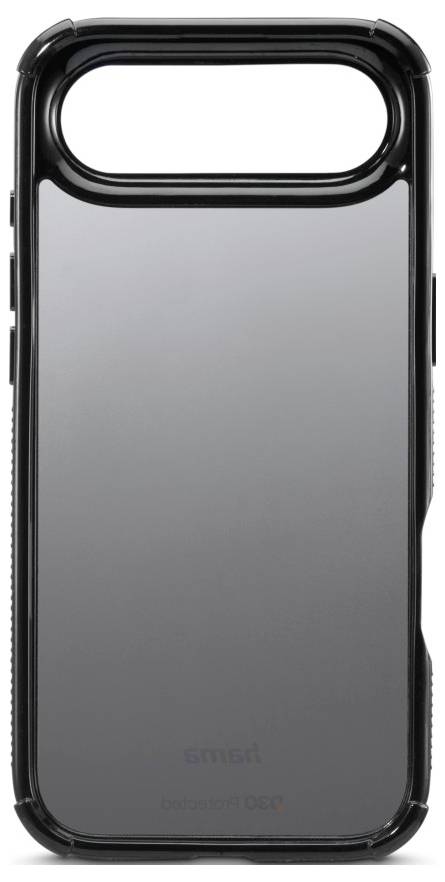 Un étui de protection noir pour téléphone avec une partie arrière transparente et une forme rectangulaire arrondie, conçu pour mettre en valeur le logo du téléphone.