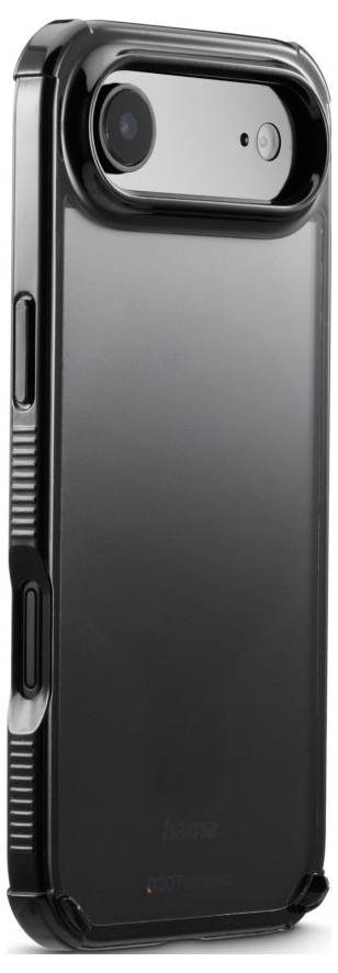 Un smartphone dans un étui protecteur noir est présenté de dos, mettant en valeur la zone de l'appareil photo en haut et les côtés texturés pour une meilleure prise en main.