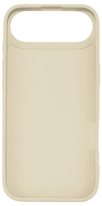 Un étui de téléphone beige à la texture lisse, présentant une ouverture pour l'appareil photo et des boutons sur le côté, posé sur un fond blanc.
