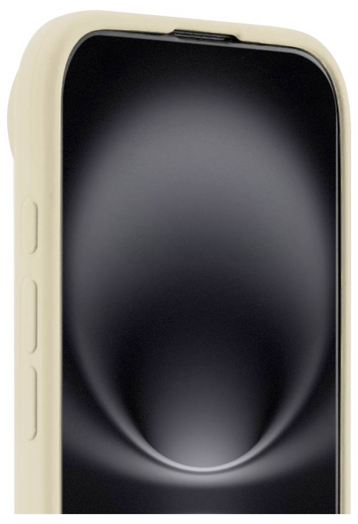 Un étui beige recouvre le côté gauche d'un smartphone dont l'écran affiche un motif circulaire noir et abstrait.