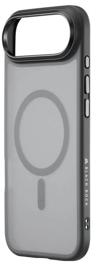 Étui transparent pour smartphone avec un design compatible MagSafe, présentant des marquages circulaires et linéaires à l'arrière ; il comprend des boutons sur les côtés et la marque « Black Rock ».
