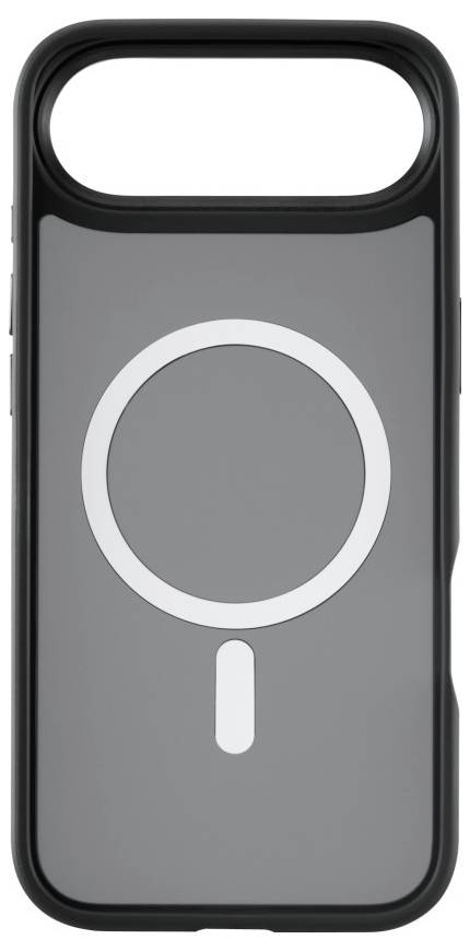 Un étui de téléphone avec une découpe rectangulaire pour l'appareil photo et un design circulaire à l'arrière, indiquant la compatibilité MagSafe.