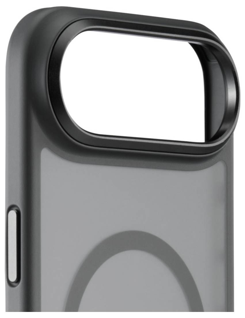 Un étui de téléphone noir avec une section supérieure ouverte conçue pour un objectif de caméra, doté d'un bouton sur le côté et d'un dos texturé pour une meilleure prise en main.