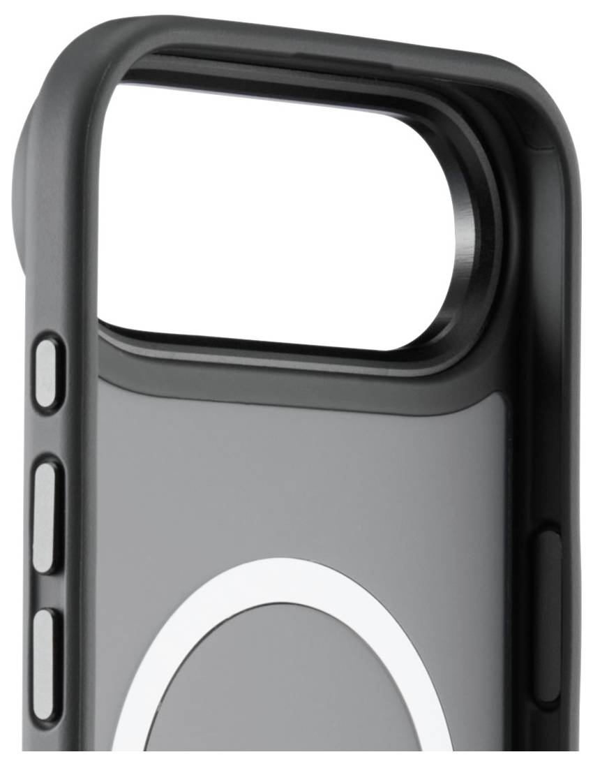 Un étui de smartphone avec un cadre sombre et des découpes pour les boutons, présentant une zone magnétique circulaire à l'arrière pour des fins de fixation.