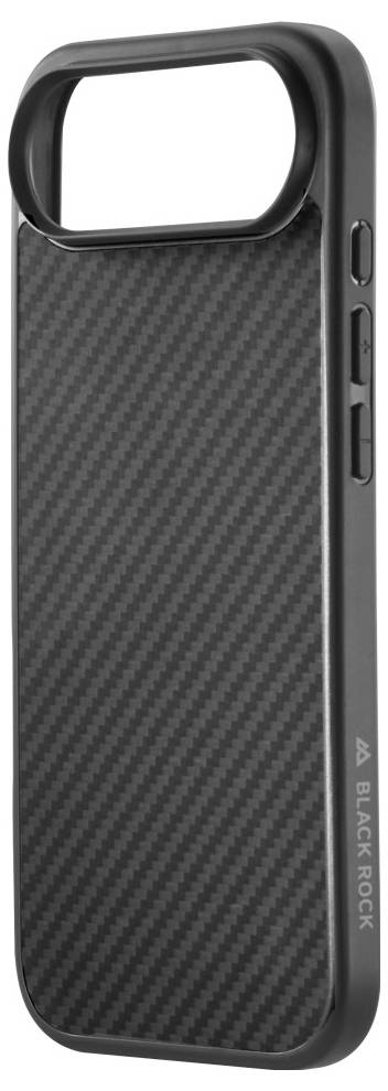 Un étui de smartphone noir élégant avec une texture en fibre de carbone et des boutons sur les côtés. La marque 'Black Rock' est inscrite sur le côté.