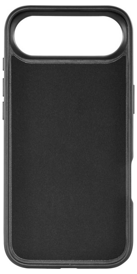 Un étui de téléphone rectangulaire noir avec une ouverture en haut pour l'appareil photo et des bords arrondis, conçu pour protéger le téléphone.