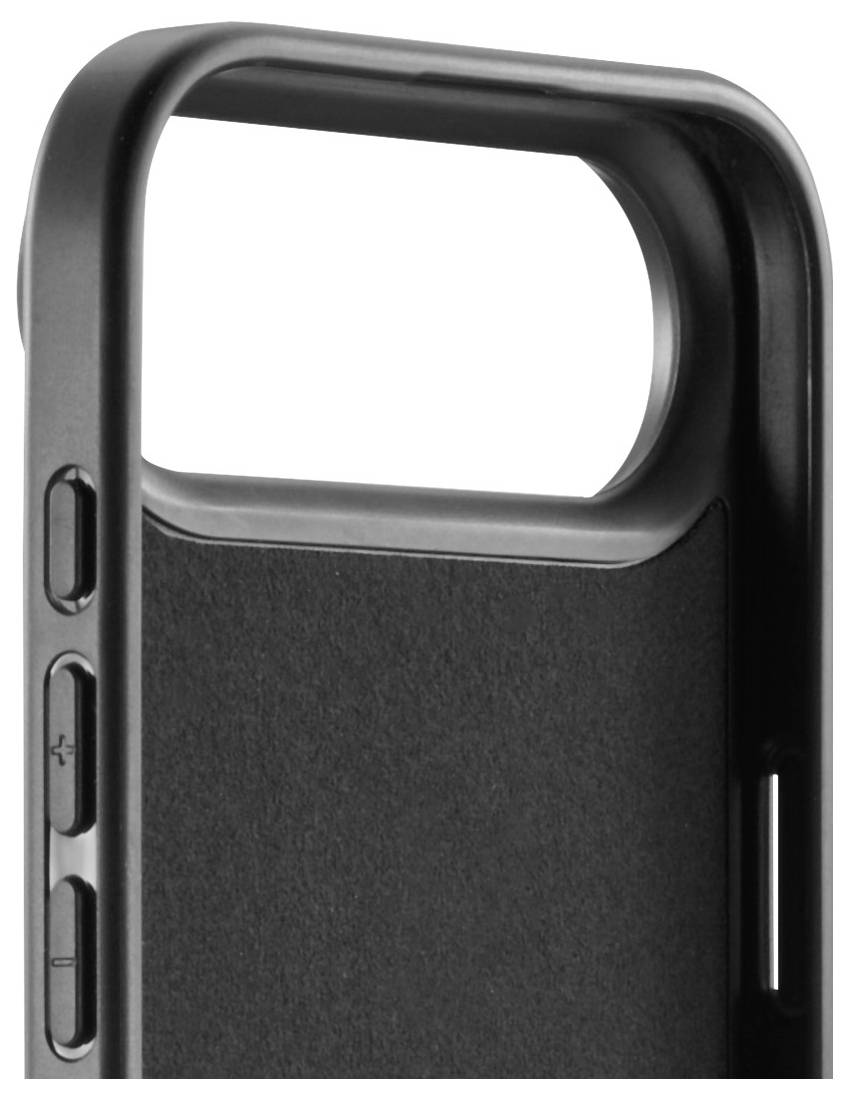 Un étui de téléphone noir avec des bords surélevés et des découpes pour les boutons est présenté sous un angle latéral, mettant en valeur son design et ses caractéristiques de protection.