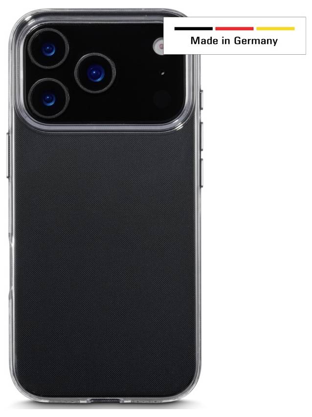 Un étui de smartphone noir affichant trois objectifs de caméra à l'arrière. Une petite étiquette dans le coin supérieur droit indique « Fabriqué en Allemagne ».