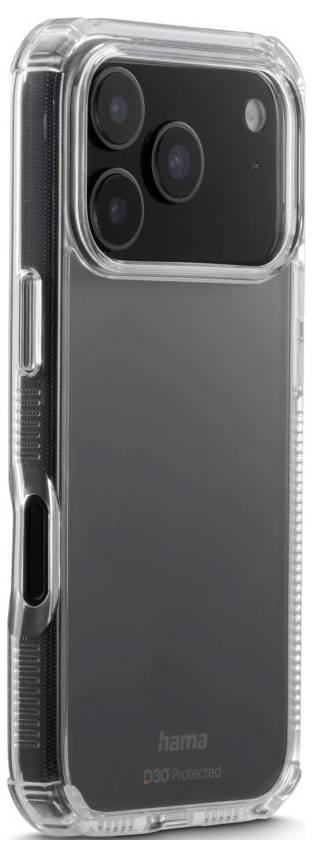 Un smartphone noir doté d'un triple module photographique à l'arrière, enveloppé dans une coque de protection transparente.