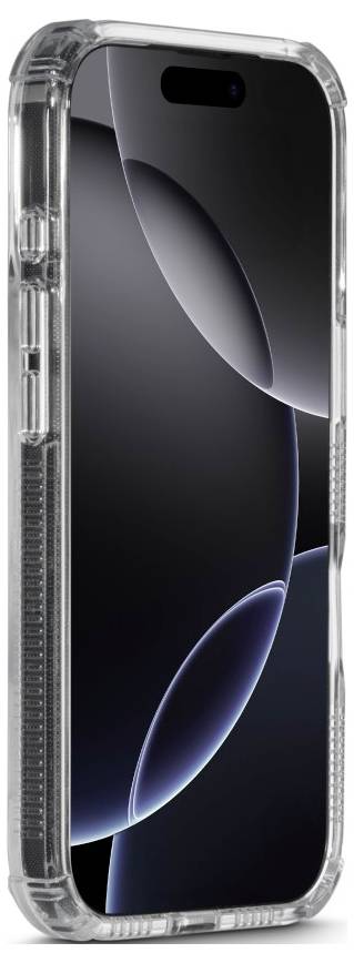 Un smartphone doté d'un étui de protection transparent, affichant un design abstrait sombre avec des lignes courbes sur l'écran.