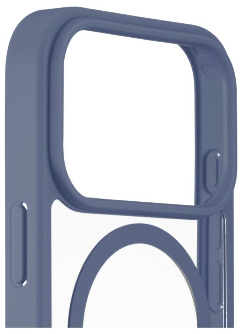 Une image en gros plan d'un étui de téléphone bleu montrant des découpes précises pour l'appareil photo et les boutons, avec un design circulaire sur la face arrière transparente.