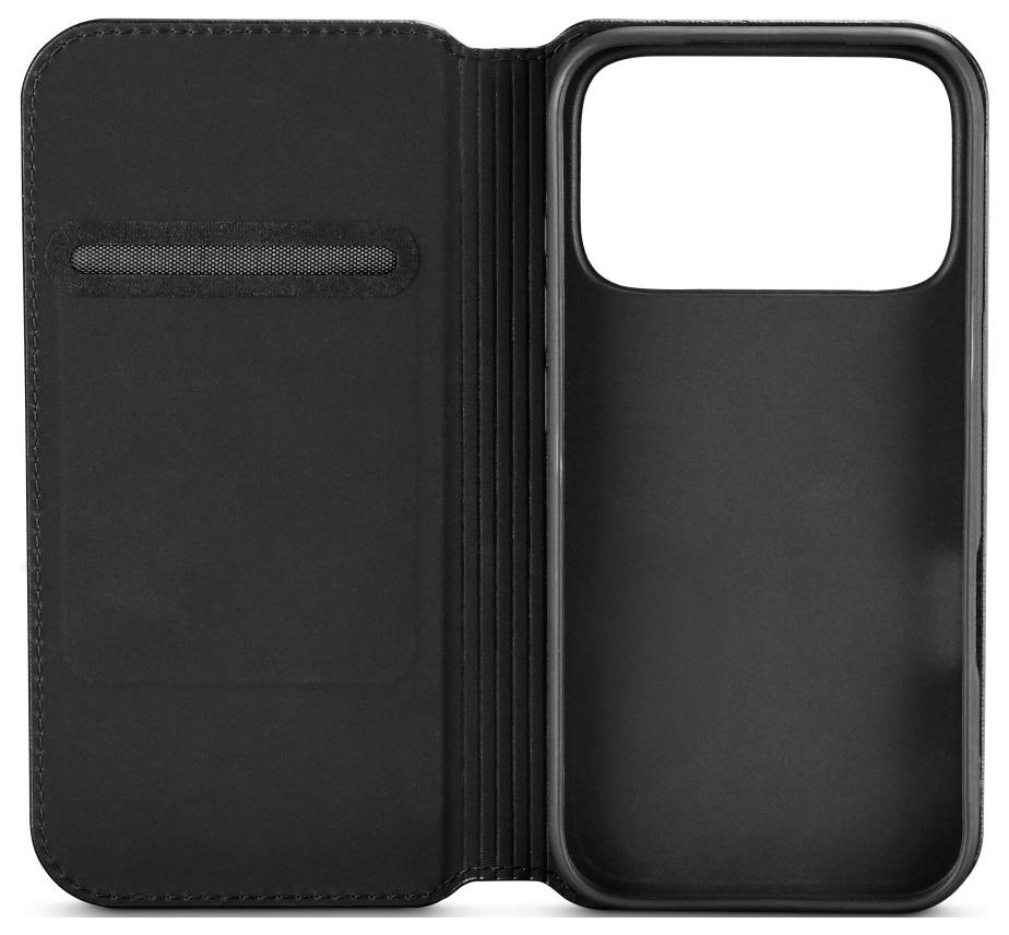 Un étui de téléphone noir ouvert montrant l'intérieur, avec un logement pour carte à gauche et un compartiment pour téléphone à droite.