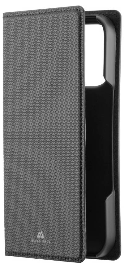 Un étui de téléphone gris texturé avec un rabat de couverture, conçu pour protéger un smartphone. L'étui dispose d'un support de protection intérieur.