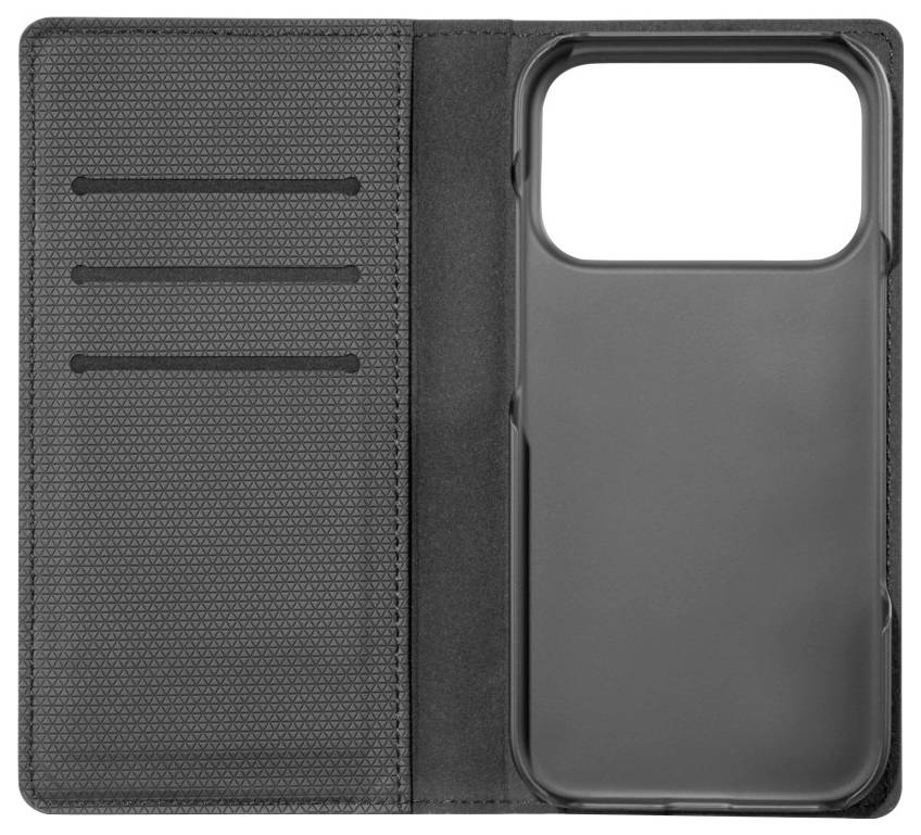 Un étui de téléphone noir avec des emplacements pour cartes sur la gauche et un compartiment pour téléphone sur la droite.