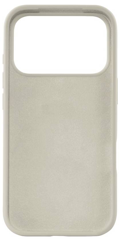 Un étui de téléphone beige avec une ouverture en haut pour l'appareil photo. La texture semble lisse et minimaliste.