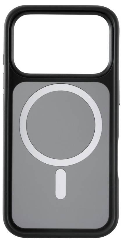 Un étui pour smartphone noir et élégant, doté d'un grand anneau circulaire MagSafe à l'arrière, conçu pour un attachement et une charge faciles.