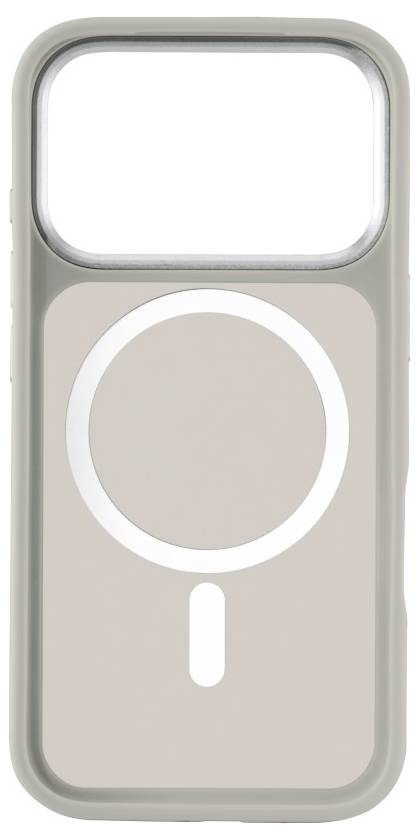 Un étui pour téléphone MagSafe beige avec un design circulaire à l'arrière, indiquant sa compatibilité avec des accessoires magnétiques.