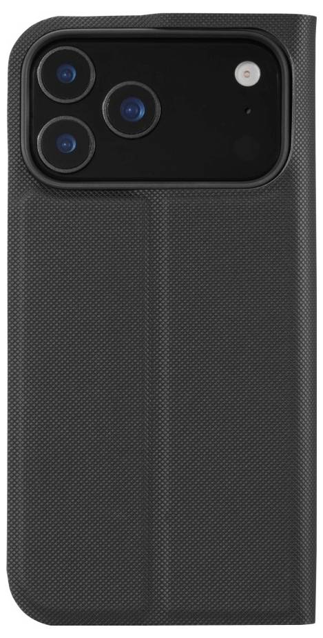 Un étui de téléphone noir avec une découpe pour un triple objectif photographique sur un fond blanc.