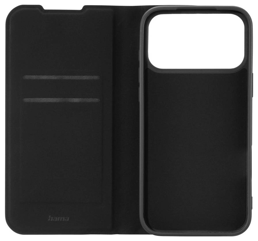 Étui à rabat noir pour téléphone avec emplacements pour cartes sur l'intérieur gauche, conçu pour protéger un téléphone et contenir des cartes essentielles.