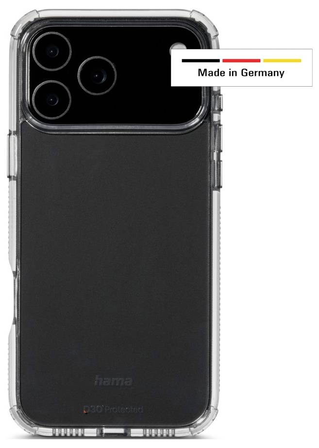 Étui transparent pour smartphone mettant en valeur l'découpe pour l'appareil photo ; étiquette « Fabriqué en Allemagne » avec un design de drapeau allemand dans le coin supérieur droit.
