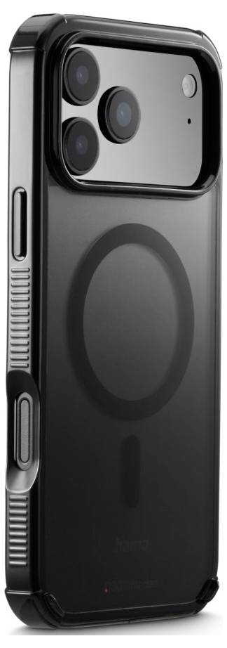 Étui de téléphone compatible avec MagSafe, doté de découpes précises pour l'appareil photo, présentant un design robuste noir pour une protection renforcée.