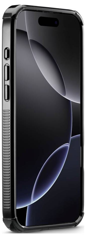 Un smartphone au design noir et moderne, doté d'un étui de protection, avec un écran en verre incurvé et élégant.