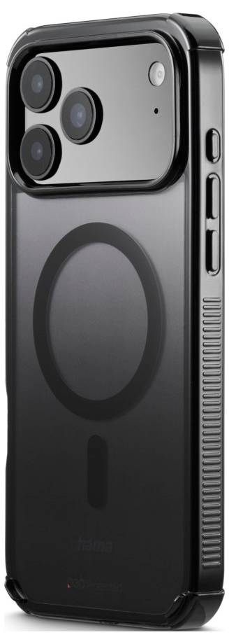 Un étui de téléphone noir avec technologie MagSafe est présenté, conçu pour le dernier modèle de smartphone. Il se distingue par un design épuré et minimaliste.