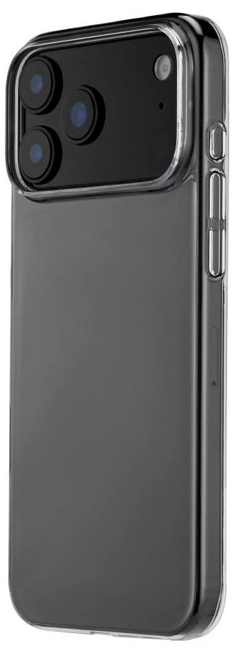 Un smartphone avec un étui de protection transparent, montrant trois objectifs de caméra et un flash à l'arrière.