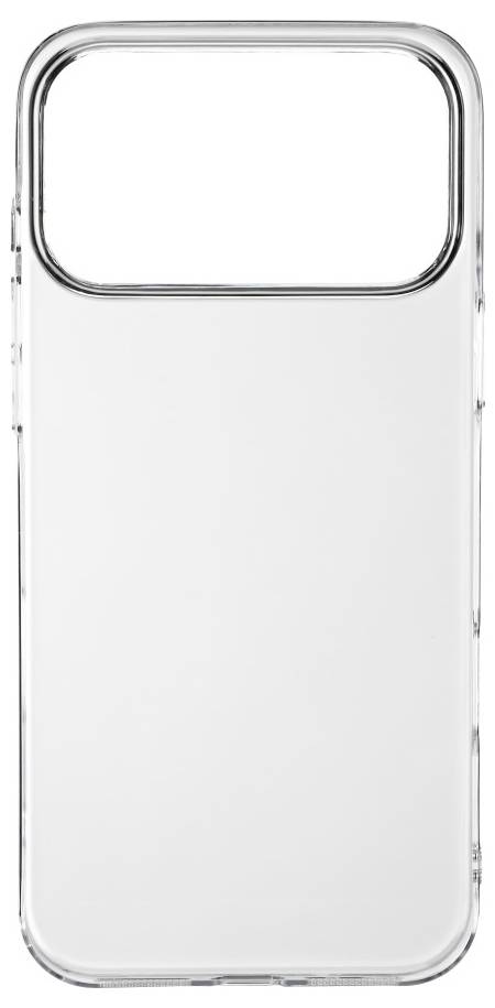 Un étui de smartphone transparent avec une grande découpe pour l'appareil photo en haut, conçu pour un appareil doté de plusieurs caméras arrière.