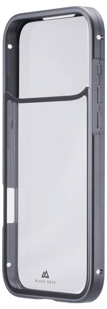Une coque de smartphone transparente avec des bords gris, arborant un petit logo en bas. Conçue pour la protection et le style.