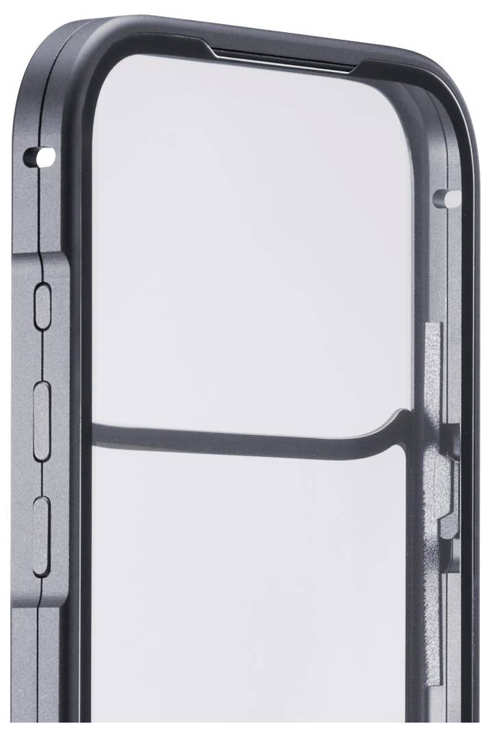 Un gros plan d'un étui de smartphone montrant son côté et une partie de l'avant. L'étui est gris foncé avec des boutons latéraux visibles et un design élégant.