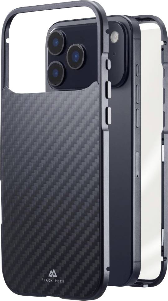 Un étui de téléphone en trois parties, conçu pour un iPhone, avec un motif en fibre de carbone et le nom de marque « Black Rock » en bas.