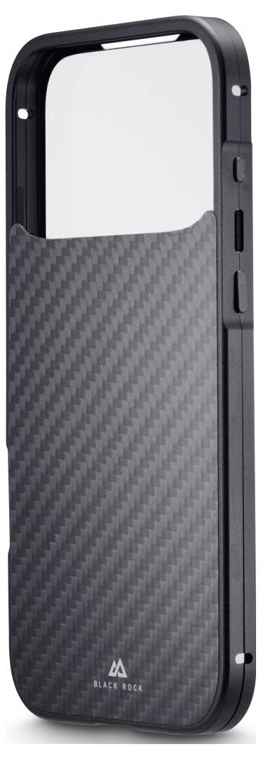 Un étui de smartphone élégant, noir, avec un motif en fibre de carbone, arborant un logo de marque en bas et doté d'un rebord surélevé pour protéger l'écran.
