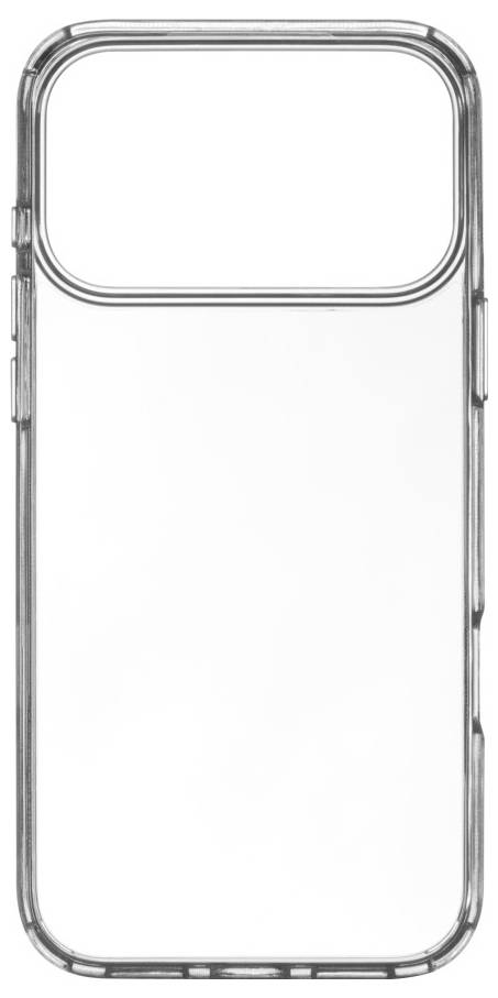 Étui de téléphone transparent avec un bord gris, conçu pour s'adapter à un smartphone doté d'un double système de caméras.