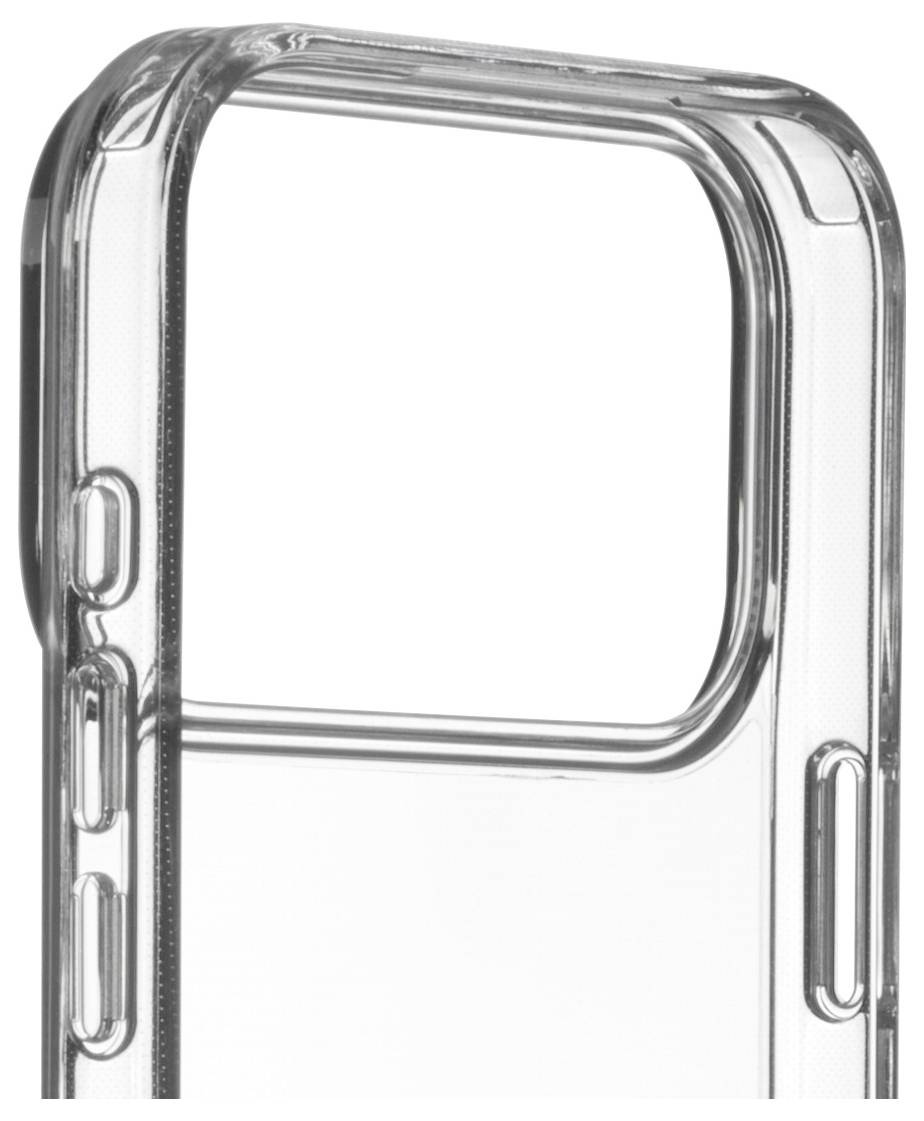 Un étui de téléphone transparent avec des découpes précises pour l'appareil photo et les boutons, conçu pour un smartphone à double caméra.