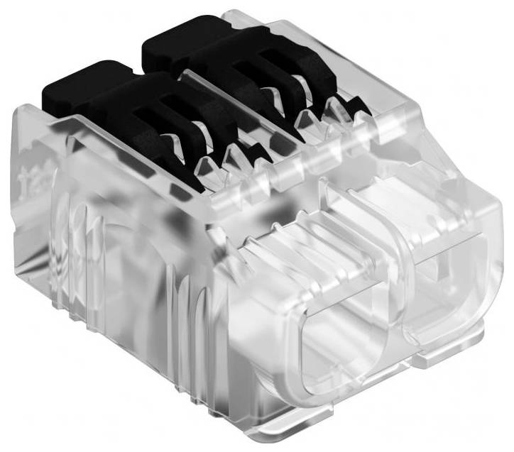 Connecteur électrique en plastique transparent avec deux logements et composants internes noirs, utilisé pour raccorder des fils.