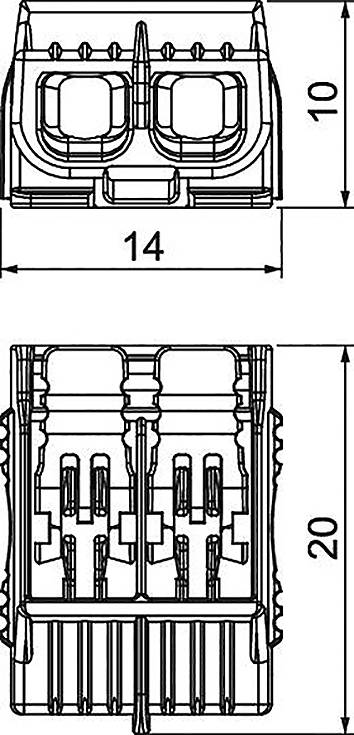 Dessin technique d'un connecteur électrique double, présentant les vues de dessus et de face avec dimensions : la vue de dessus fait 14 unités de large, la vue de face fait 20 unités de hauteur.