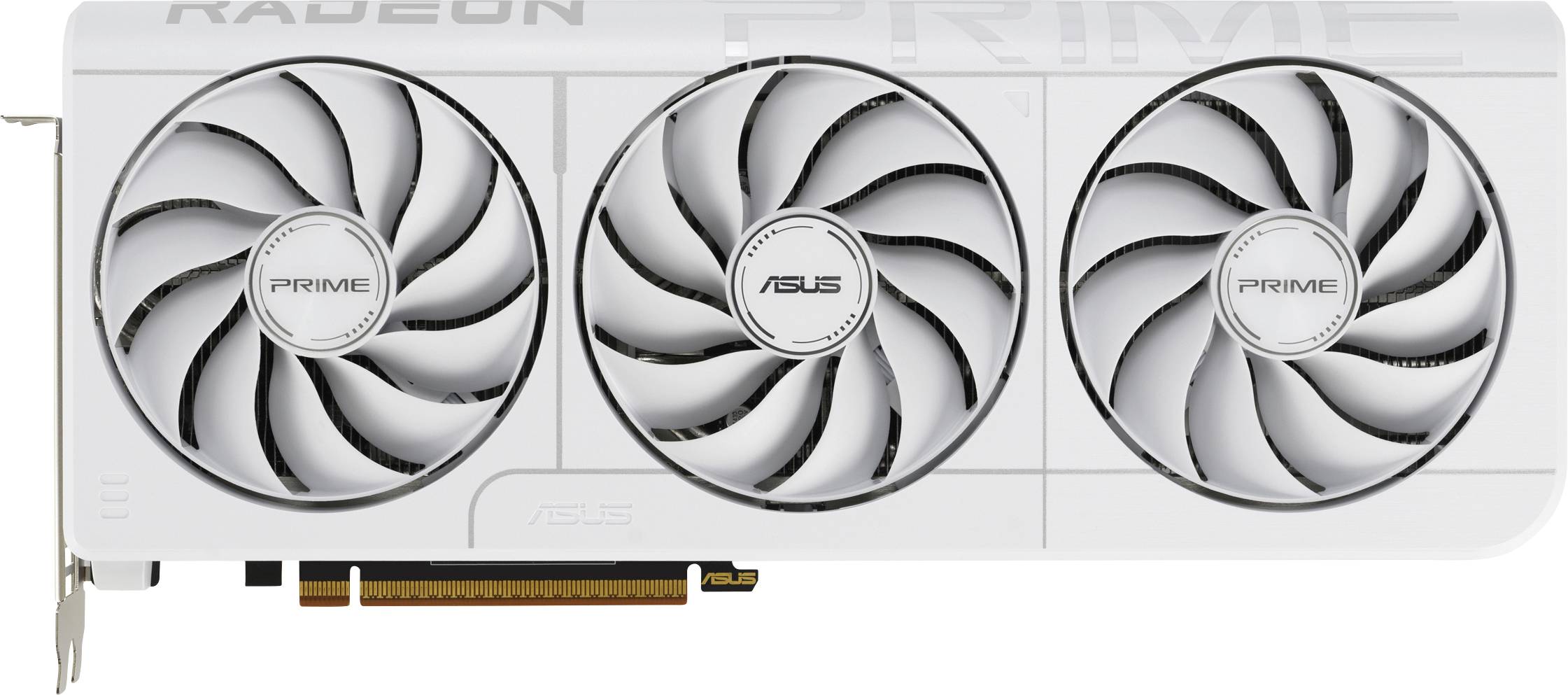 Une carte graphique ASUS Radeon blanche avec trois grands ventilateurs de refroidissement étiquetés « PRIME ».